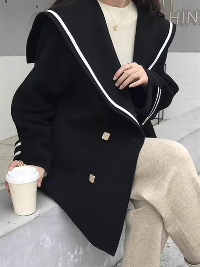 Women's French Vintage White Sailor Collar Coat Double Breasted Faux Cashmere Wool Jacket Preppy Loose Outerwear