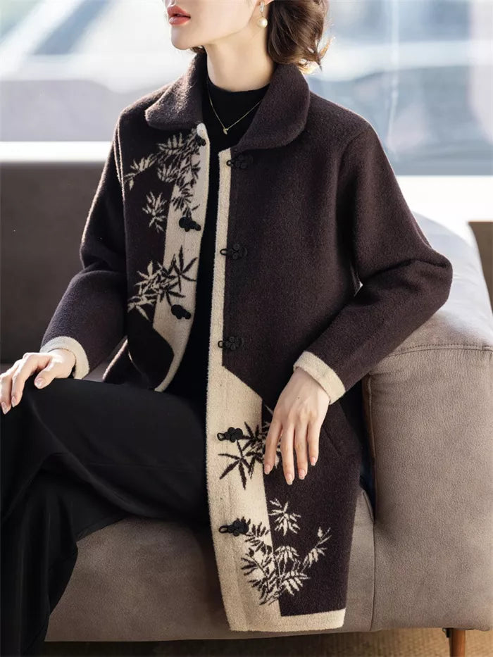 Women's Vintage Chinese Style Bamboo Print Wool Blend Coat Elegant Contrast Frog Button Jacket