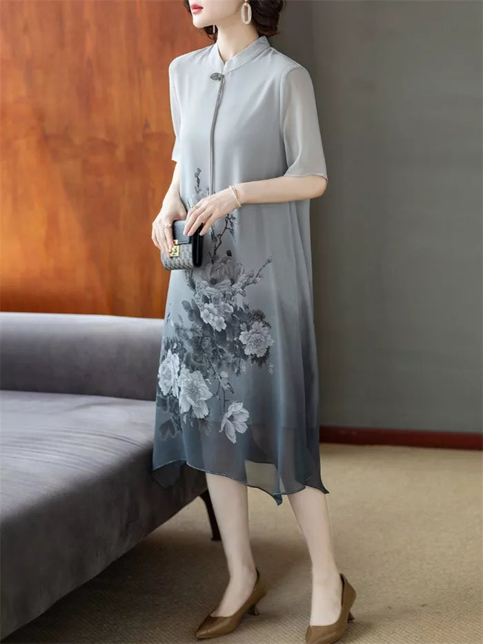 Women's Elegant Grey Ombre Chiffon Midi Dress Chinese Style Ink Floral Print Improved Qipao Summer Loose Dress