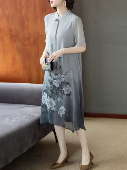 Women's Elegant Grey Ombre Chiffon Midi Dress Chinese Style Ink Floral Print Improved Qipao Summer Loose Dress