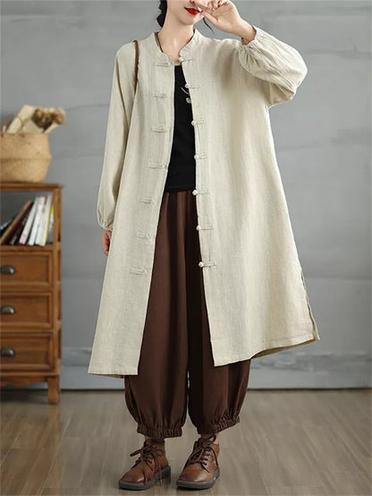 Women's Vintage Cotton Linen Long Coat Chinese Style Frog Button Zen Cardigan Trench Jacket