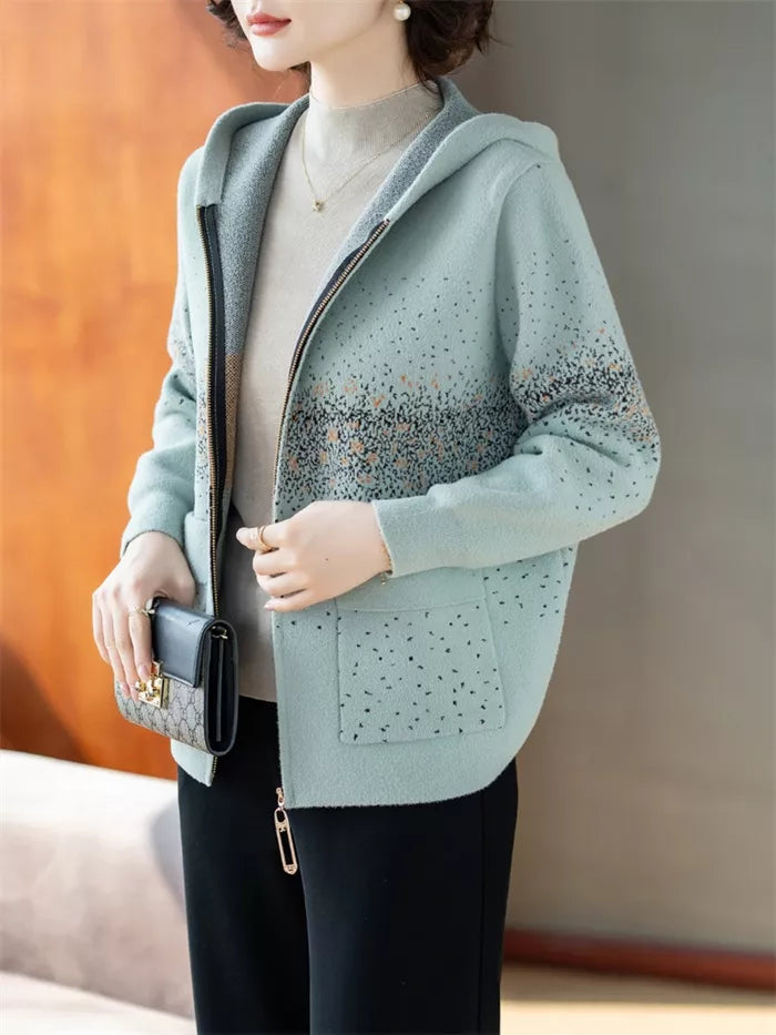Women's Mint Green Hooded Knit Jacket Casual Zip-Up Cardigan Sweater Coat with Speckled Print