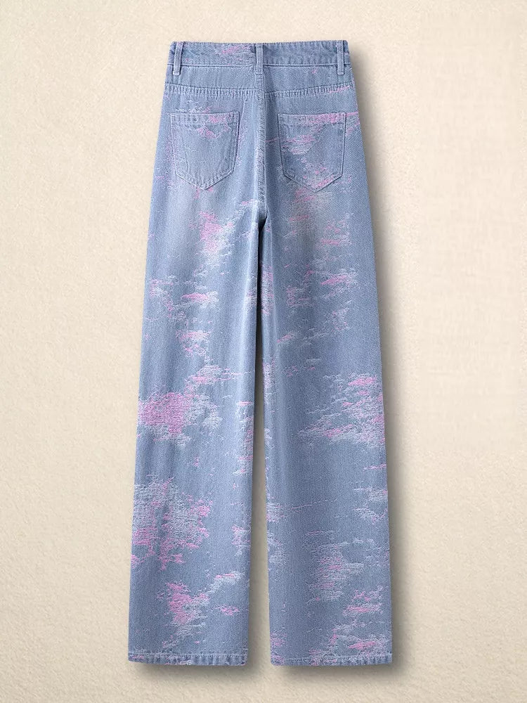 Women's Artistic Pink Abstract Jacquard Wide Leg Jeans High Waist Loose Straight Denim Pants