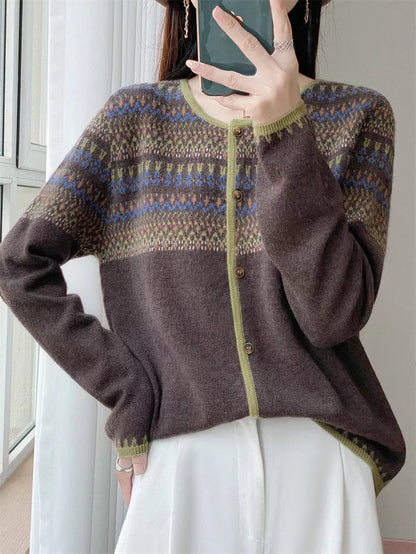 Women's Vintage Ethnic Style Wool Beige Geometric Pattern Crew Neck Cardigan