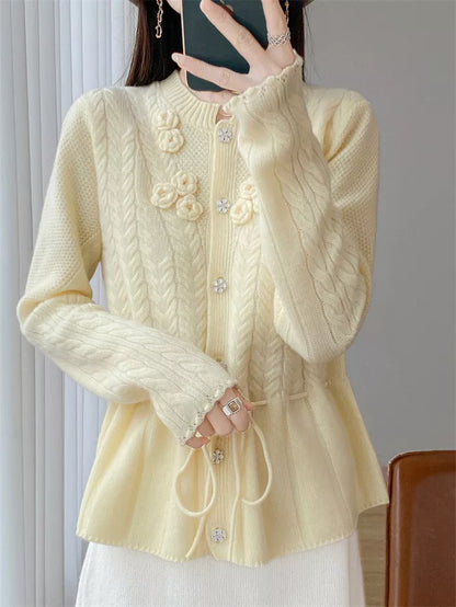 Women's Elegant White 3D Floral Wool Cardigan Drawstring Waist