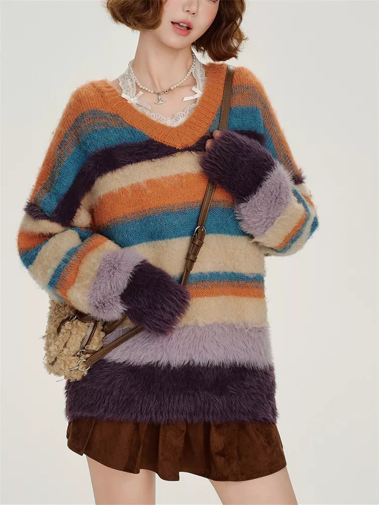 Women's Y2K Vintage Striped Mohair Knit Sweater Oversized V-Neck Fuzzy Pullover
