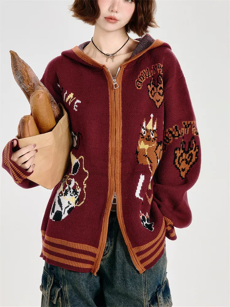 Women's Y2K Burgundy Zip-Up Hooded Cardigan Oversized Cartoon Cat Graphic Knit Jacket