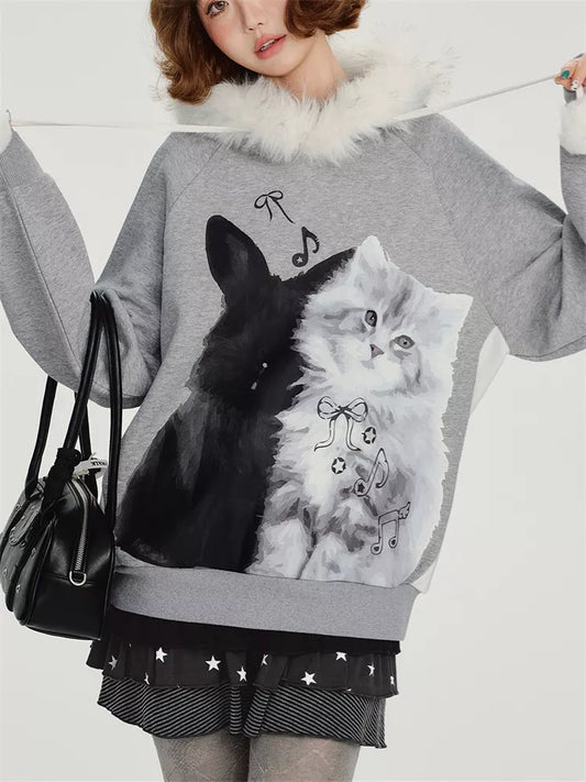 Women's Kawaii Grey Cat Hoodie Faux Fur Trim Pom-pom Drawstring Sweatshirt
