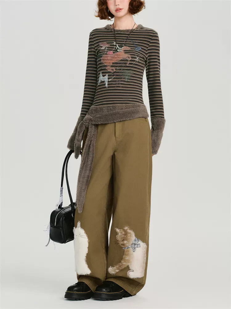 Women's Olive Green Wide Leg Pants Cute Fuzzy Cat Applique Baggy Trousers