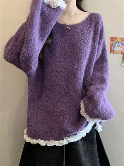 Women's Coffee Fuzzy Knit Sweater with White Ruffle Trim Oversized Soft Pullover