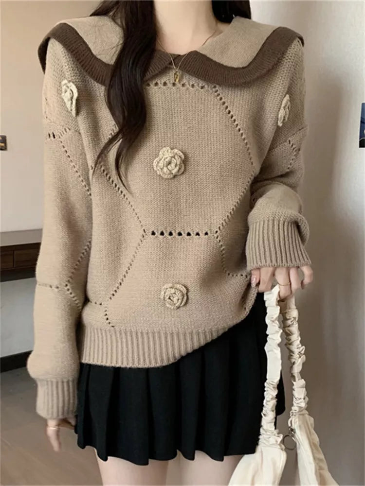 Women's Cute Khaki Sailor Collar Knit Sweater 3D Floral Applique Pullover