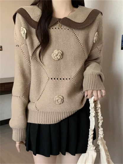 Women's Cute Khaki Sailor Collar Knit Sweater 3D Floral Applique Pullover