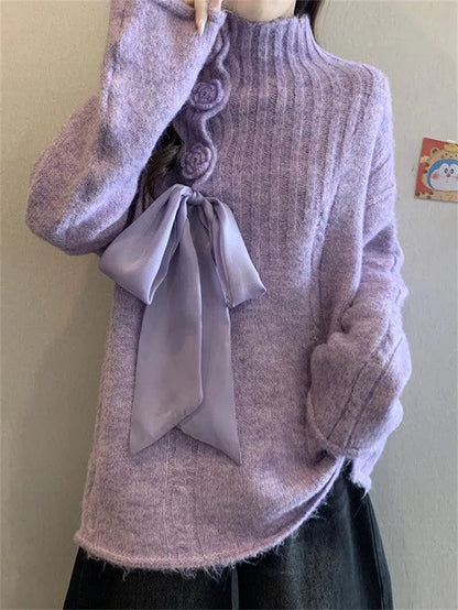 Women's Apricot Mock Neck Knit Sweater Large Satin Bow Tie 3D Rose Button Pullover