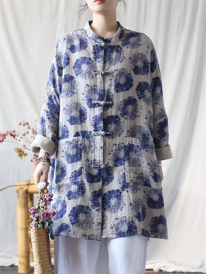 Women's Vintage Chinese Style Blue Batik Print Padded Coat Mid-Length Cotton Linen Jacket with Frog Buttons