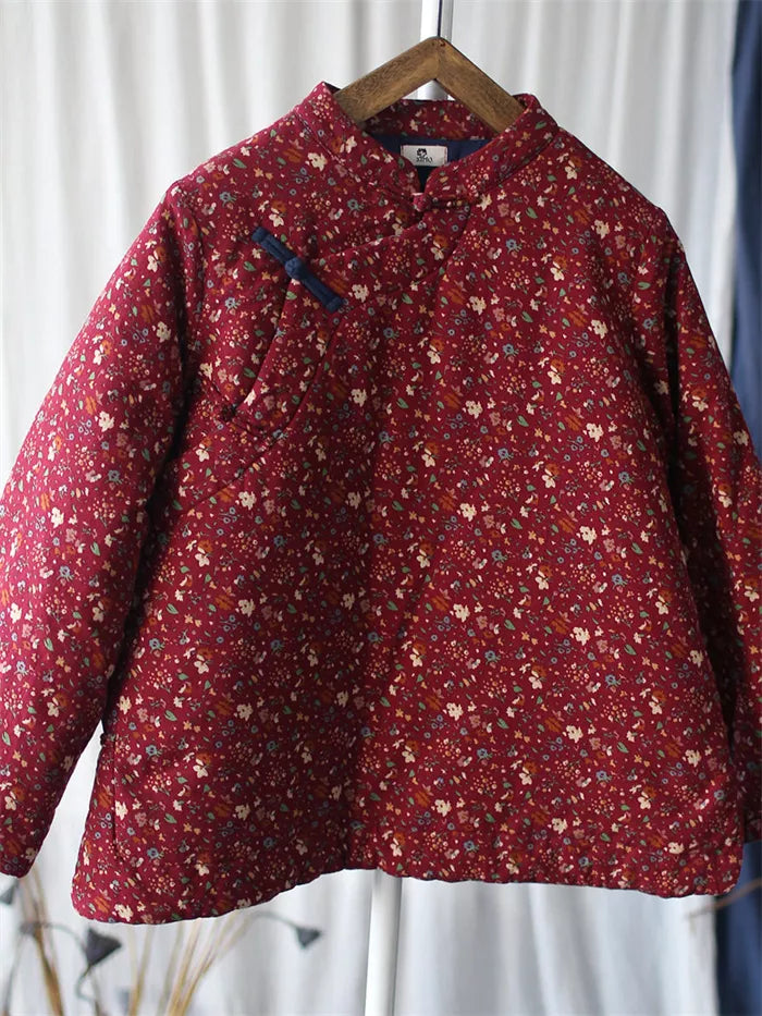 Women's Vintage Chinese Style Blue Floral Padded Jacket Cotton Linen Frog Button Short Coat