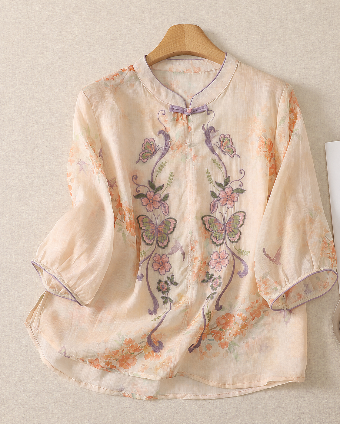 Linen-Look Mandarin Collar Top with Butterfly Embroidery