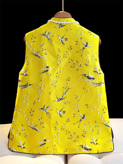 Gelbe Brokat-Jacquard-Weste im Vintage-Stil (chinesischer Stil) für Herbst/Winter mit Froschknöpfen