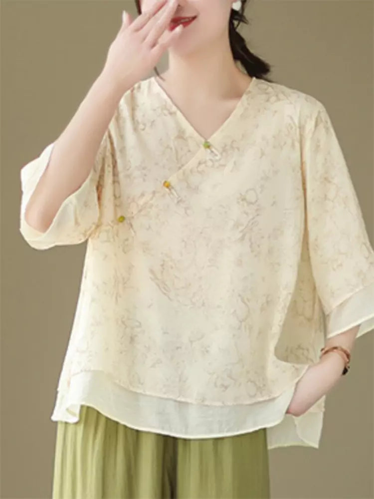 New Chinese Style Cotton Linen V-Neck Shirt with Oblique Placket & Knot Buttons