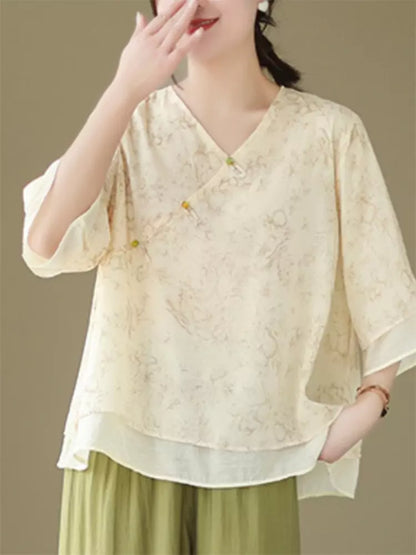 Neues chinesisches Baumwoll-Leinen-Hemd mit V-Ausschnitt, schräger Knopfleiste und Knotenknöpfen