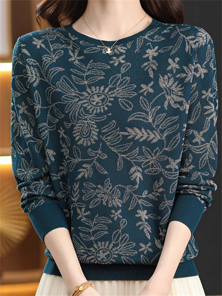 Elegante top de punto jacquard con cuello redondo para mujer