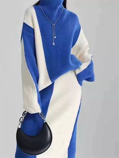 Damen-Set aus farblich abgesetztem Rollkragenpullover und Midirock