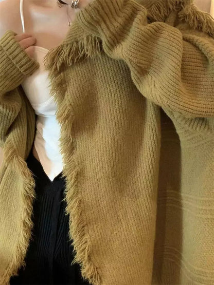Cárdigan de punto extragrande con flecos y solapa grande de moda