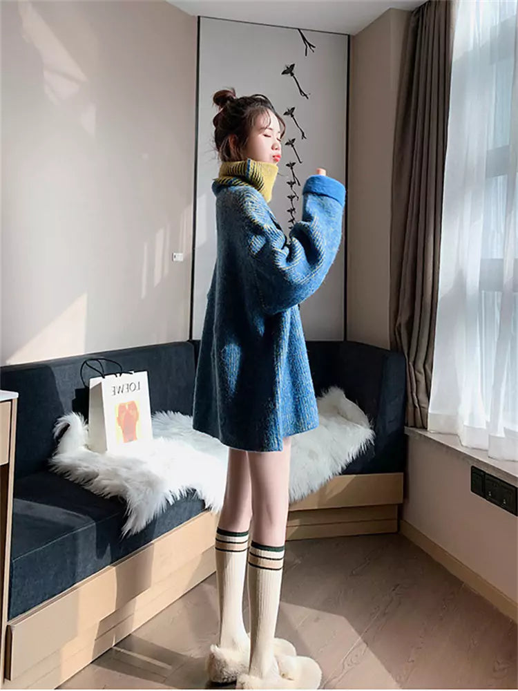 Trendy Oversized Turtleneck Knit Sweater for Women