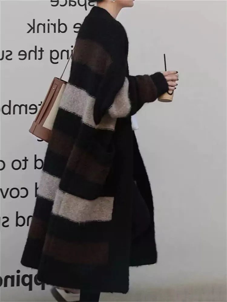 Women's Loose Fit Mid-Long Colorblock Striped Chunky Knit Cardigan