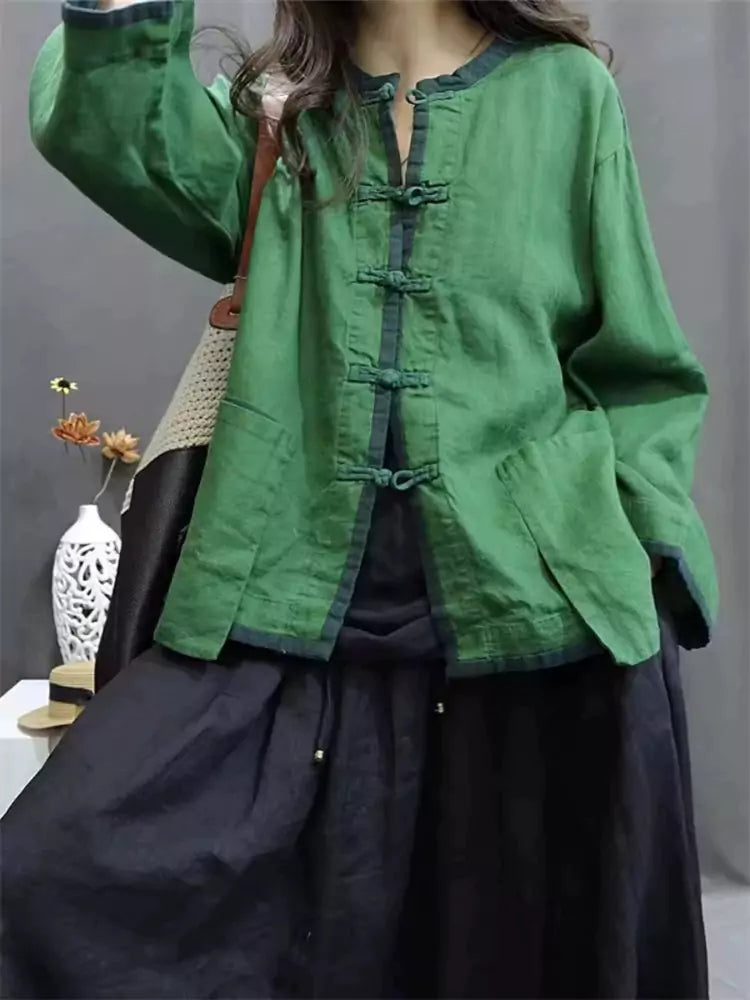 Chic Chinese Style Green Round Neck Loose Fit Linen Blouse