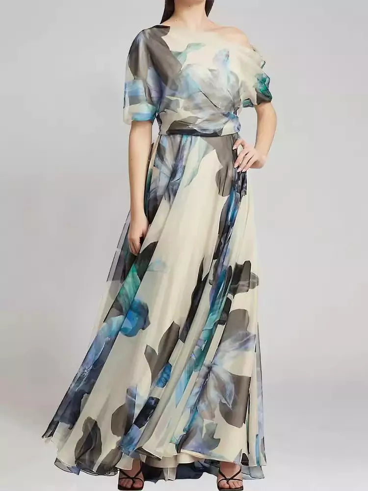 Bohemian Resort Style Printed Maxi Dress with Tie Details