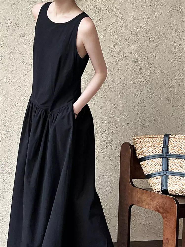 Black Minimalist Chic Pleated Tank A-line Maxi Dress