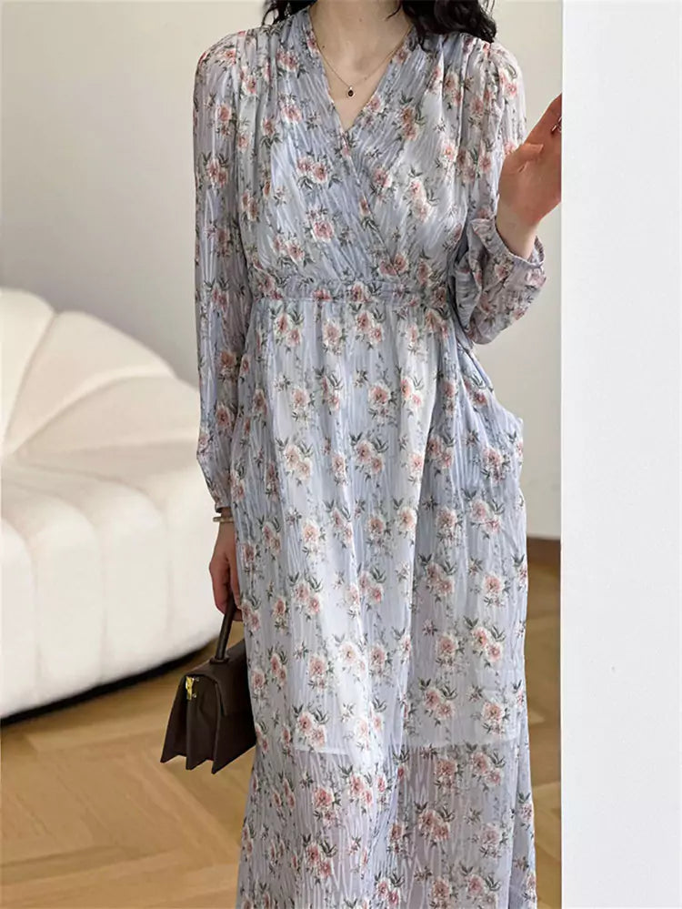 Women's Relaxed Fit Cinched Waist V-Neck Floral Maxi Dress