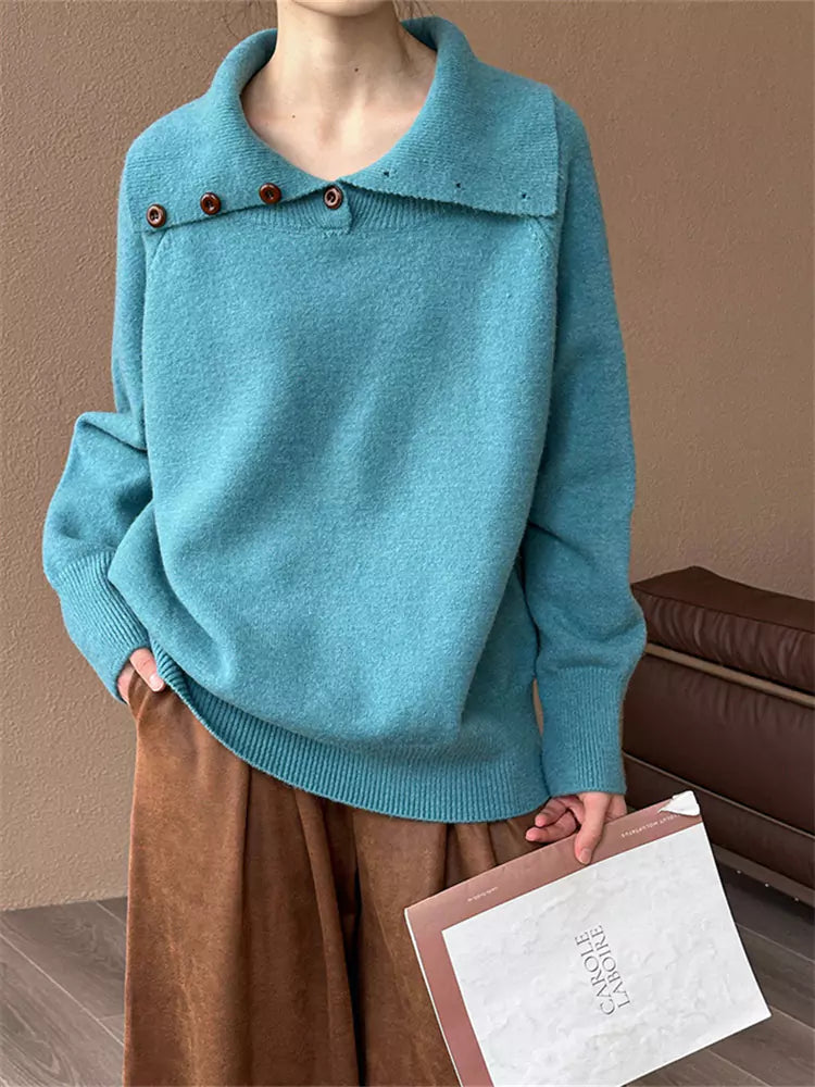 Weißer, einfarbiger Strickpullover im koreanischen Stil mit Kragen und Design