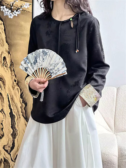 Vintage Inspired Apricot Satin Jacquard Blouse with Chinese Knot Buttons