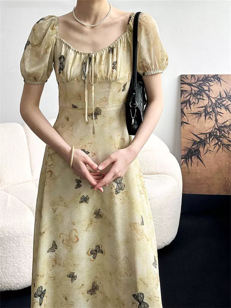 Vintage Print Elegant Slim Fit Midi Dress