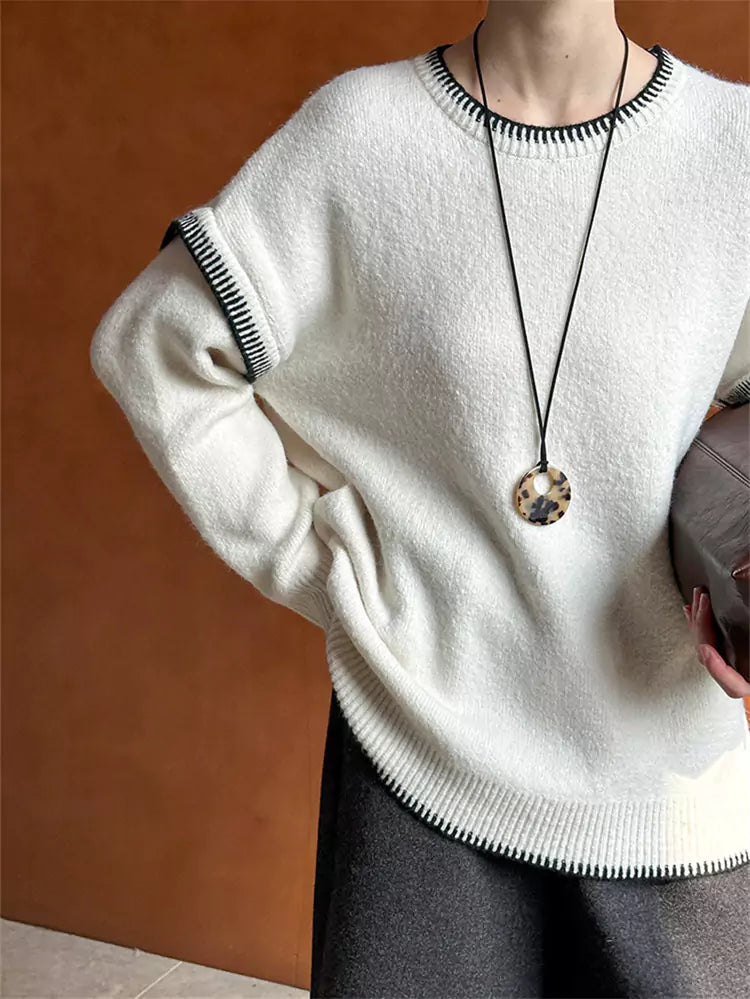 Koreanischer minimalistischer, handgenähter Strickpullover mit Rundhalsausschnitt