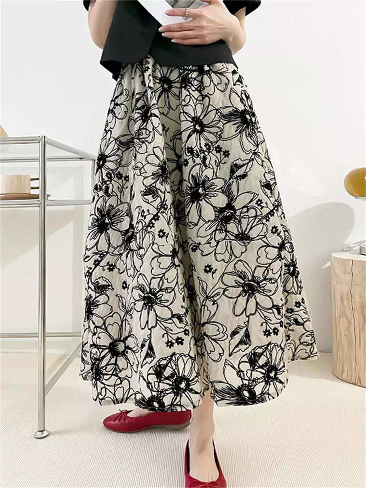 Falda midi francesa vintage artesanal de talle alto con flocado y corte A