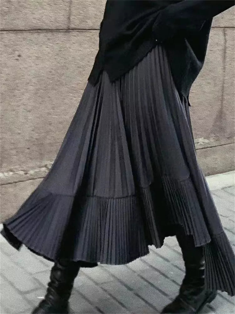 High-Waist Black Pleated Midi Skirt with Irregular Fishtail Hem