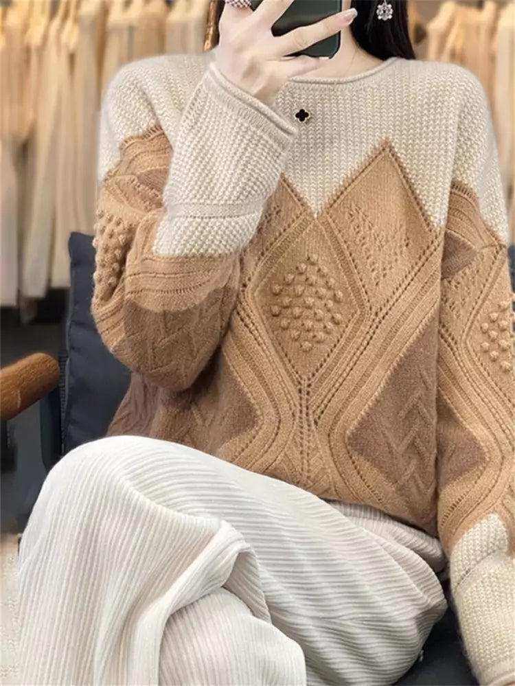 Luxuriöser grüner Kaschmirpullover mit Rundhalsausschnitt und Farbblock-Design für Damen