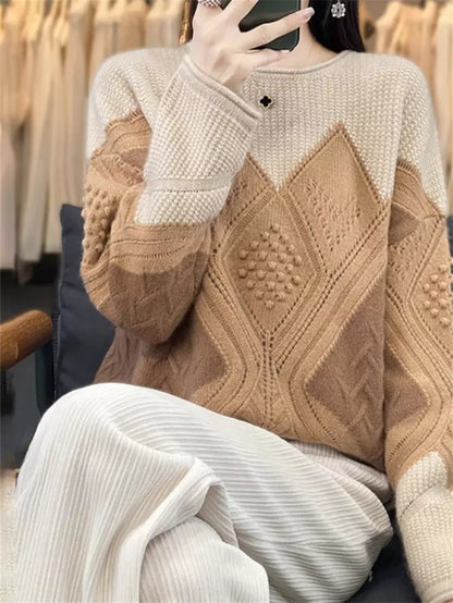 Suéter de cachemira con cuello redondo y bloques de color verde de lujo para mujer