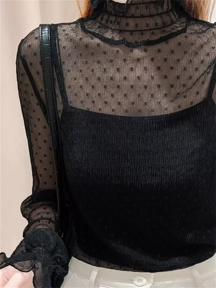 Sexy Sheer High Neck Lace Trim Mesh Top