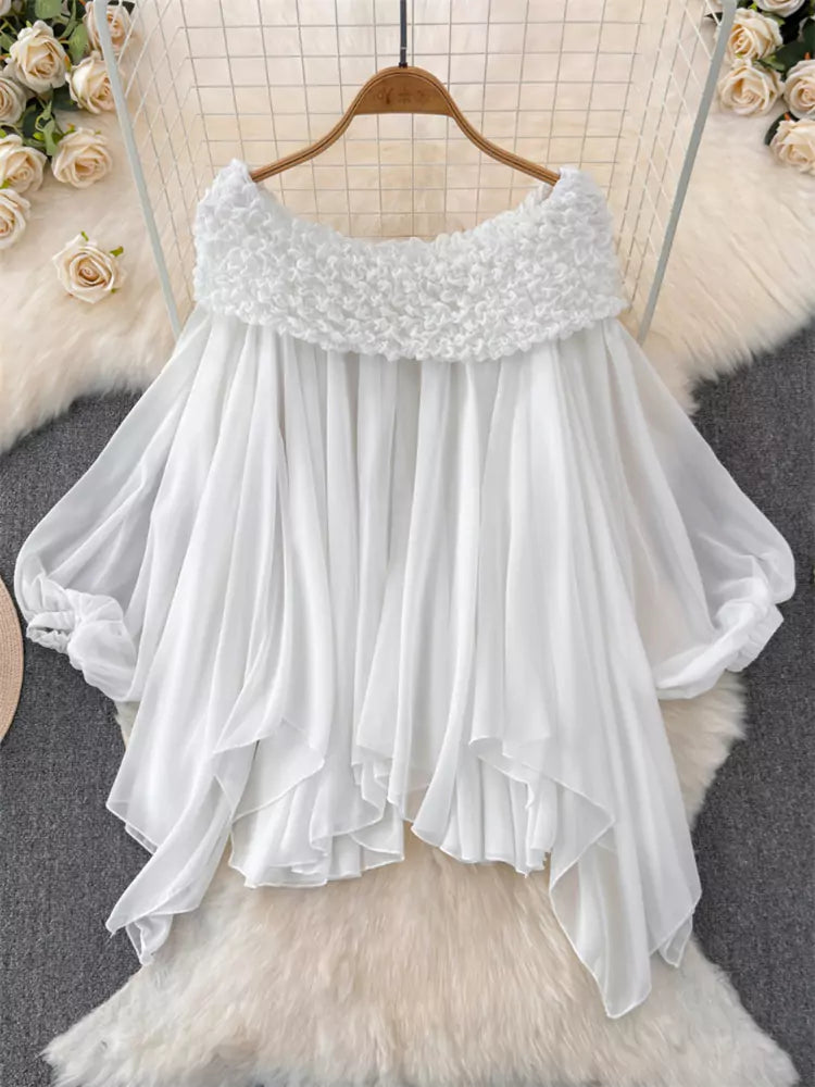 Französisches schulterfreies, asymmetrisches Chiffon-Top mit Rüschen und Puffärmeln