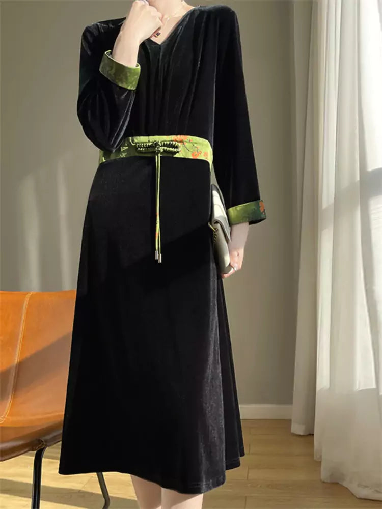 High-Waisted Black Velvet Maxi Dress with Oriental Design