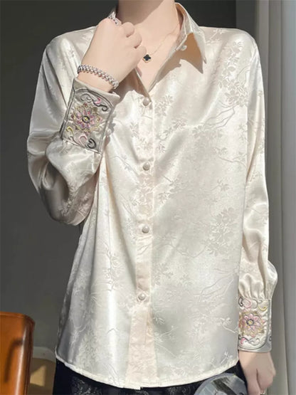 Vintage schwarze Bluse aus orientalischem Jacquard-Stoff mit Acetat-Satin-Finish