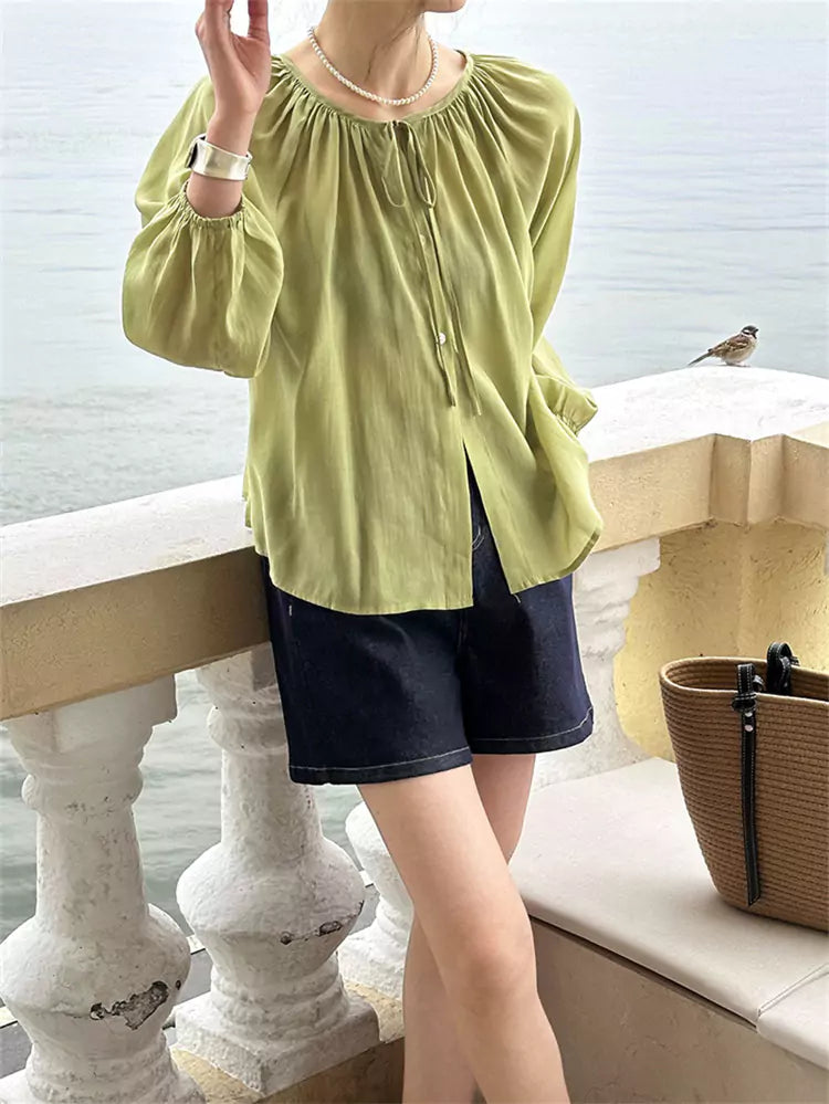 Chic Tencel Silk Blouse with Oriental Flair