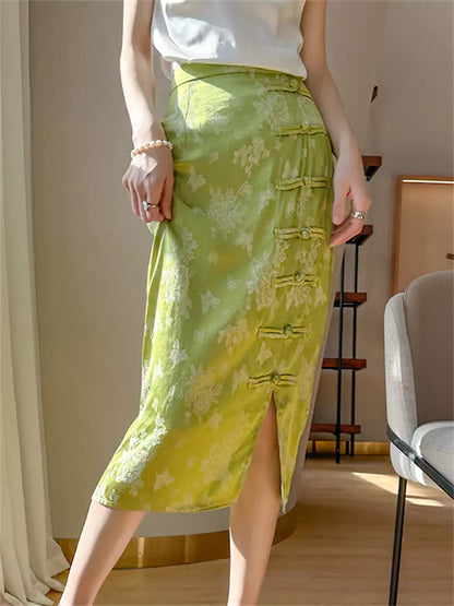 High-Waist Green Satin Jacquard Pencil Skirt with Frog Buttons and Slit