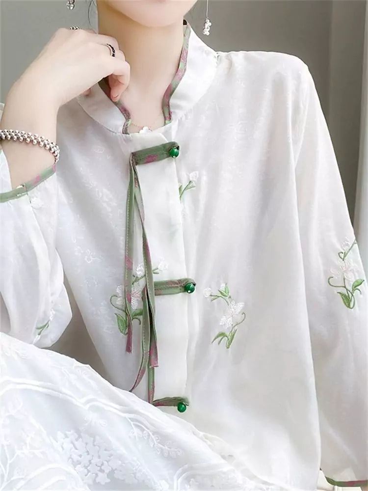 Chinese Style White Satin Overlay Mesh Blouse with Jacquard Design