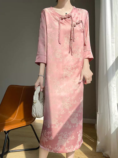 Elegant Black Round Neck Midi Dress with Oriental Jacquard and Wide Sleeves