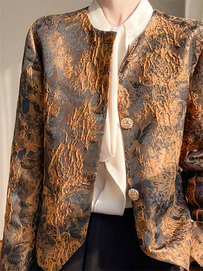 Elegante aprikosenfarbene Jacquard-Jacke mit Rundhalsausschnitt und orientalischem Design