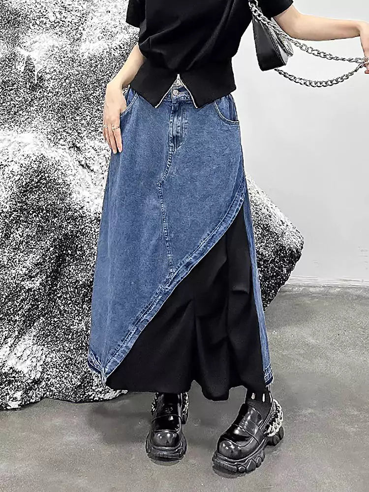 Chic Denim Patchwork Maxi Skirt with Retro Style